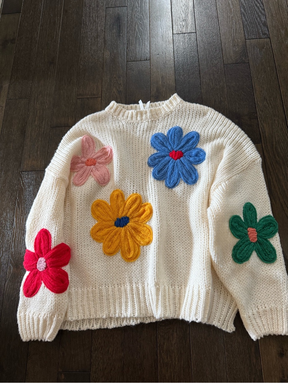 Daydreamer  Floral Appliqué Knit Sweater - Cozy Flower Patch